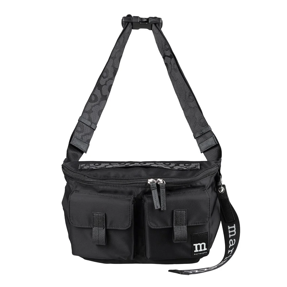 Marimekko Solid Black Medium Sling Shoulder Bag w/ Unikko Strap