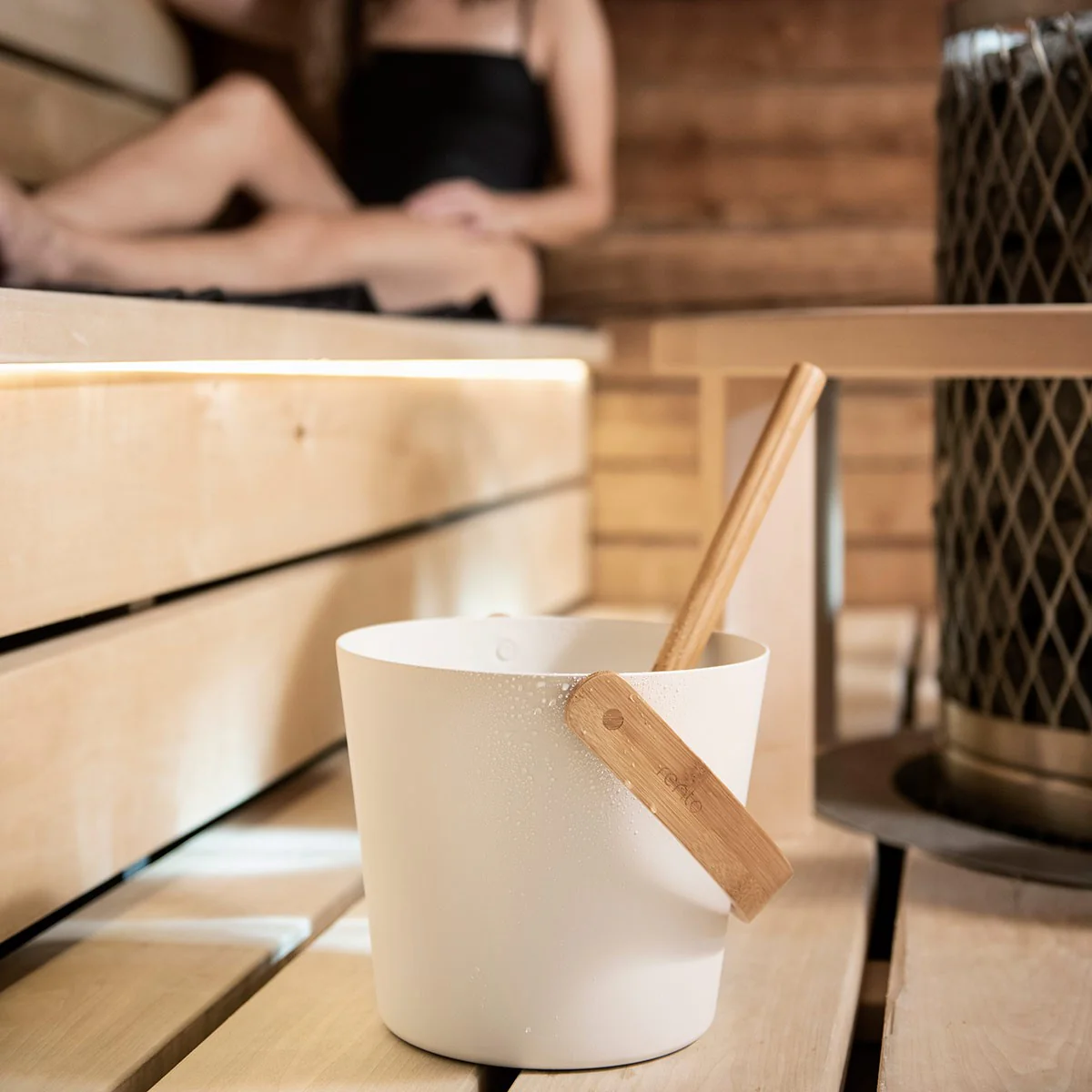 Rento Aluminum / Bamboo White Sauna Pail & Ladle Set - Image 2