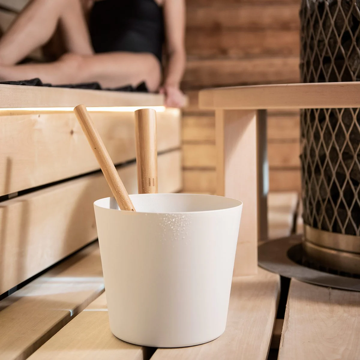 Rento Aluminum / Bamboo White Sauna Bucket & Ladle Set - Image 2